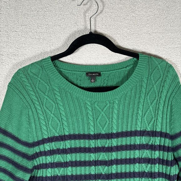 Talbots Peplum Sweater Womens L Green Black Stripe Top Casual Cotton 5% Cashmere - Picture 5 of 11